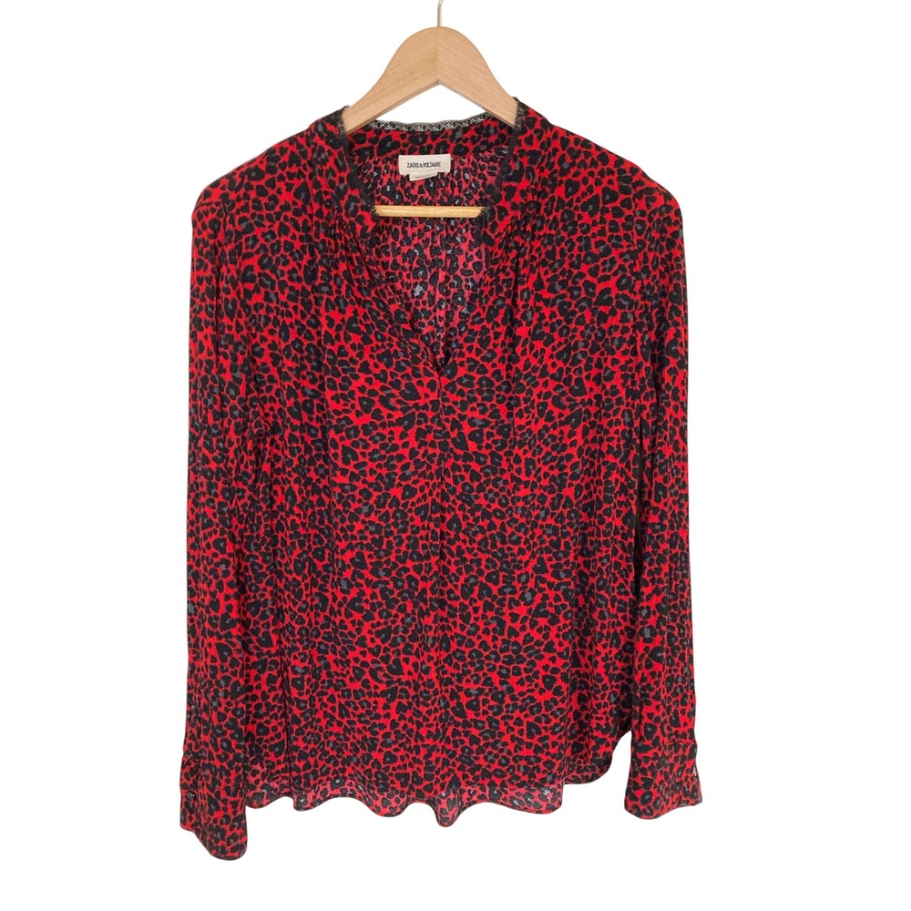 Zadig & Voltaire Red Black Leopard Print Lace Trim V-Neck Blouse Size M